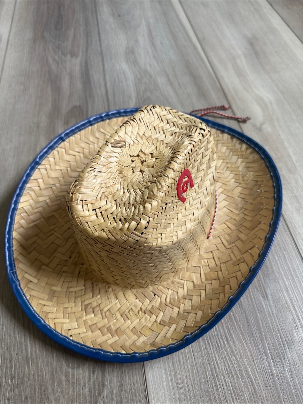 Kids Natural Straw Cowboy Hat with Blue Trim and Red Bandana